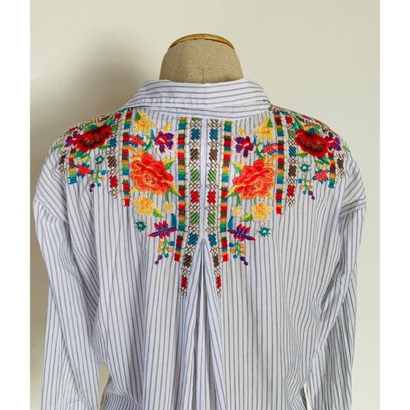 Johnny Was Small Cotton Striped WITH EMBROIDERED FLOWERS Tunic Tops - Picture 7 of 11